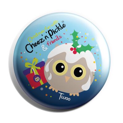 Twoo the Owl 38mm Christmas Pudding Button Badge