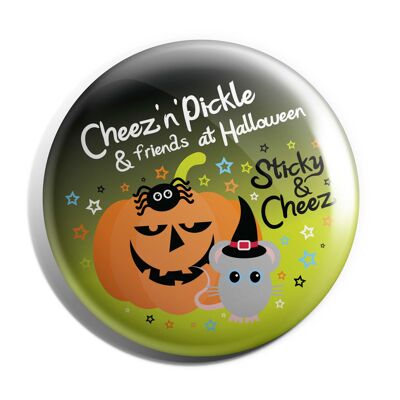 Cheez Mouse & Sticky Spider Pumpkin 38mm Halloween Button Badge