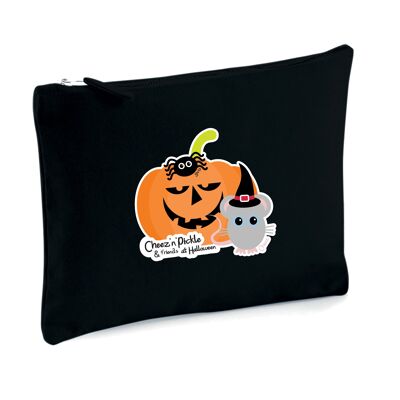 Cheez Mouse and Pumpkin Halloween Themed Multi Use 100% Brushed Cotton Canvas Zip Bag - Black