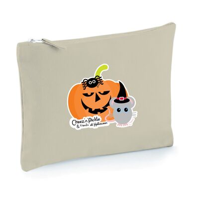 Cheez Mouse and Pumpkin Halloween Themed Multi Use 100% Brushed Cotton Canvas Zip Bag - Natural