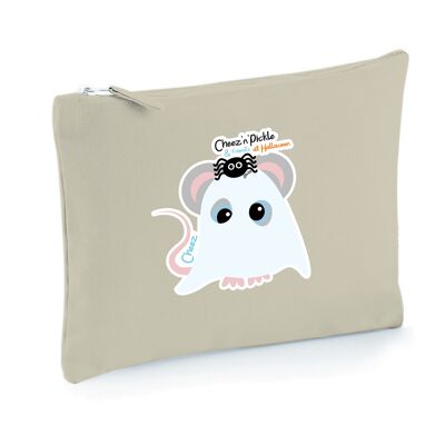 Cheez Mouse Ghost Halloween Themed Multi Use 100% Brushed Cotton Canvas Zip Bag - Natural