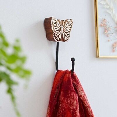 Gancio da parete in legno "farfalla" intagliato a mano