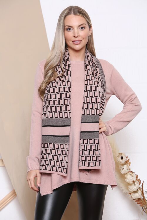 pink long sleeve jumper with pattern scarf