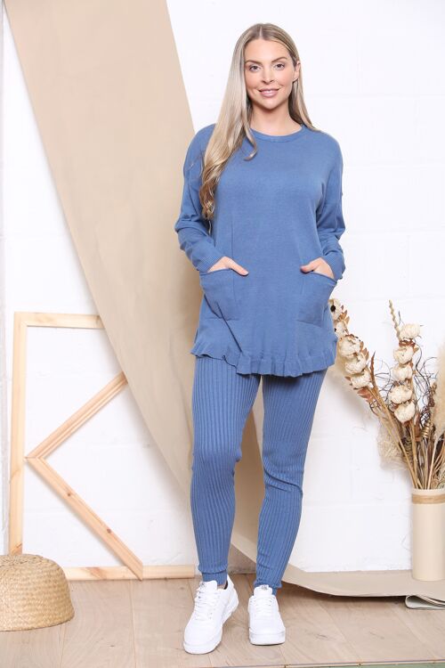 blue loungewear set with ruffle trim top