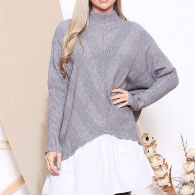 grey jumper with v-shaped patterns and shirt underlay