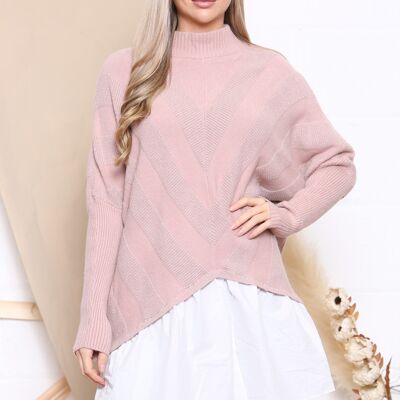 pink jumper with v-shaped patterns and shirt underlay