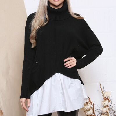 black jumper with buttons and shirt underlay