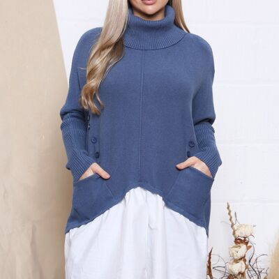 blue jumper with buttons and shirt underlay