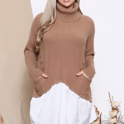 camel jumper with buttons and shirt underlay