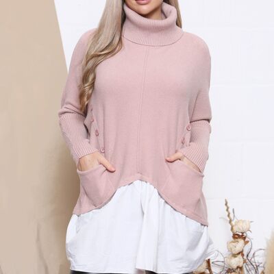pink jumper with buttons and shirt underlay