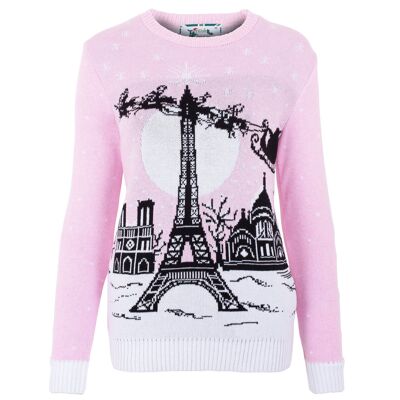 Pull de Noël Eco Femme Christmas In Paris - Rose