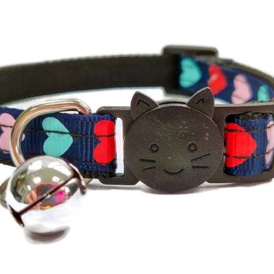 Navy Blue with Red, Pink, Turquoise Hearts Cat Collar