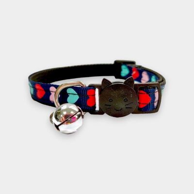 Navy Blue with Red, Pink, Turquoise Hearts Cat Collar