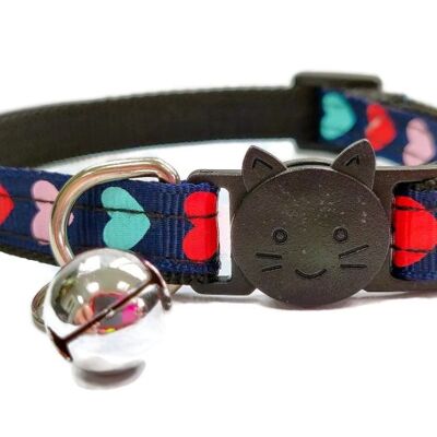 Navy Blue with Red, Pink, Turquoise Hearts Kitten Collar