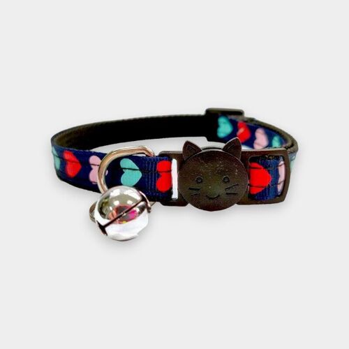 Navy Blue with Red, Pink, Turquoise Hearts Kitten Collar