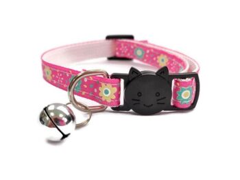 Collier Chat Rose avec Fleurs Vertes/Jaunes