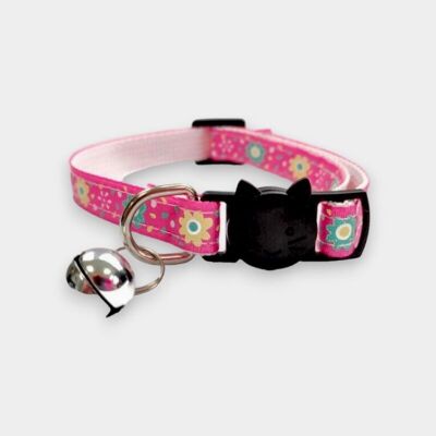 Collier Chat Rose avec Fleurs Vertes/Jaunes