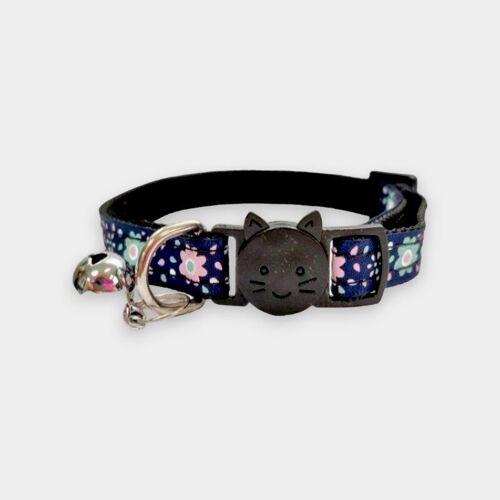 Navy Blue with Green/Pink Flowers Cat Collar