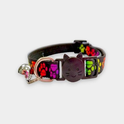 Black with Multi Colour Paw Print - Cat Collar