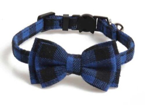 Luxury Cat Collar with Bow Tie - Blue and Black Chequered