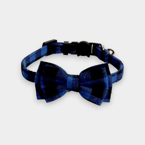 Luxury Cat Collar with Bow Tie - Blue and Black Chequered