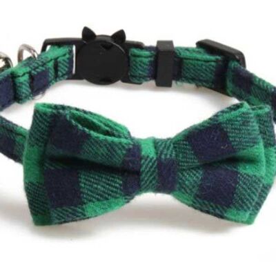 Luxury Cat Collar with Bow Tie - Green and Navy Blue Chequered