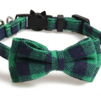 Collier Chat Luxe avec Noeud Papillon - Carreaux Vert et Bleu Marine