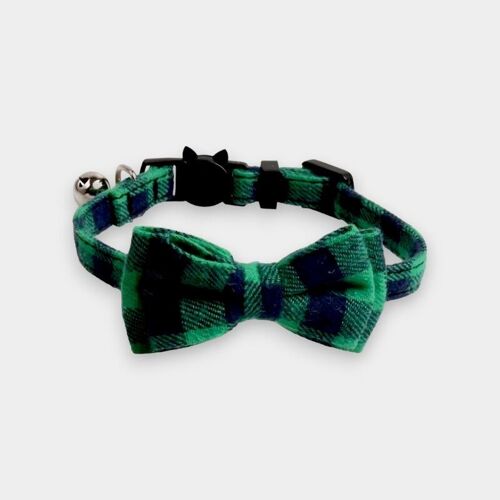 Luxury Cat Collar with Bow Tie - Green and Navy Blue Chequered
