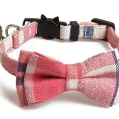 Luxury Cat Collar with Bow Tie - Pink & Beige Chequered