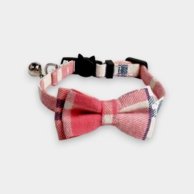 Luxury Cat Collar with Bow Tie - Pink & Beige Chequered