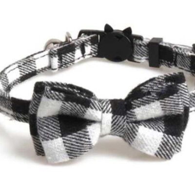 Luxury Cat Collar with Bow Tie - Black and White Chequered