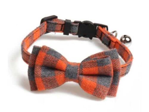Luxury Cat Collar with Bow Tie - Orange and Grey Chequered