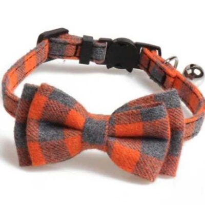 Luxury Cat Collar with Bow Tie - Orange and Grey Chequered