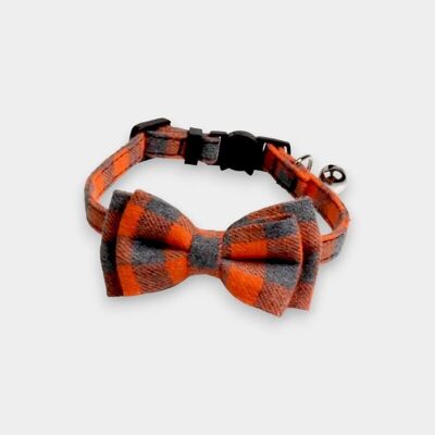 Luxury Cat Collar with Bow Tie - Orange and Grey Chequered