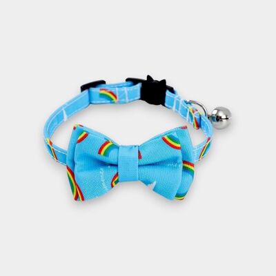 Collar de gato de lujo con pajarita - Estampado de arco iris azul