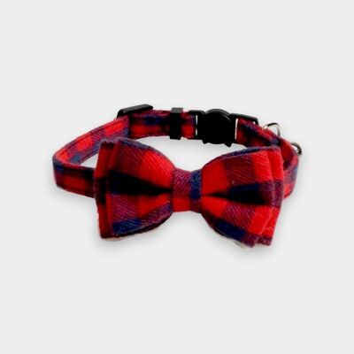 Luxury Cat Collar with Bow Tie - Red and Navy Blue Chequered