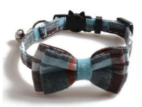 Luxury Cat Collar with Bow Tie - Blue & Brown Chequered