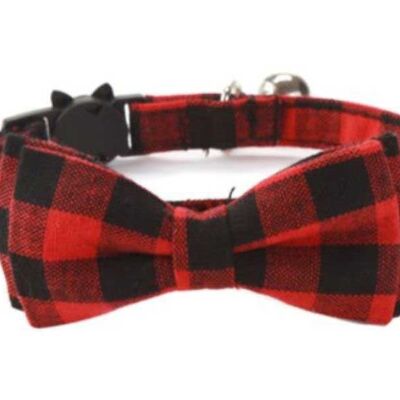 Luxury Cat Collar with Bow Tie - Red & Black Chequered
