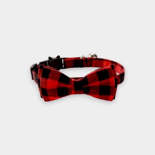 Luxury Cat Collar with Bow Tie - Red & Black Chequered
