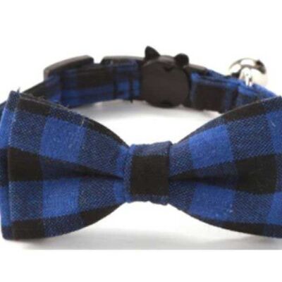 Luxury Cat Collar with Bow Tie - Blue & Black Chequered