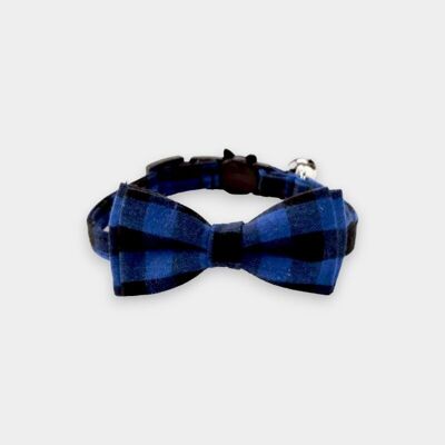 Luxury Cat Collar with Bow Tie - Blue & Black Chequered
