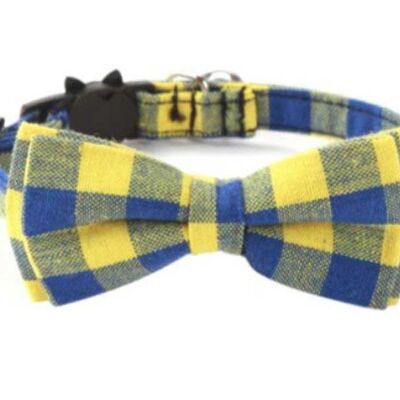 Collier pour chat de luxe avec nœud papillon - Carreaux jaunes et bleus