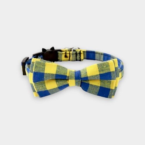Luxury Cat Collar with Bow Tie - Yellow & Blue Chequered