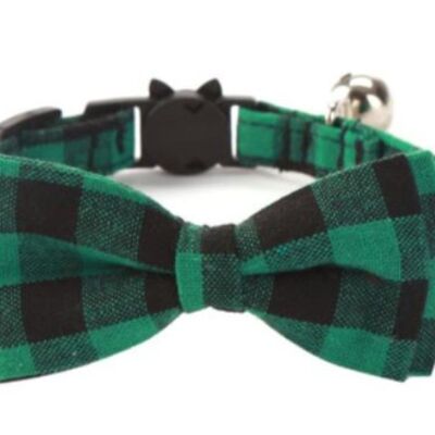 Luxury Cat Collar with Bow Tie - Green & Black Chequered