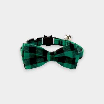 Luxury Cat Collar with Bow Tie - Green & Black Chequered
