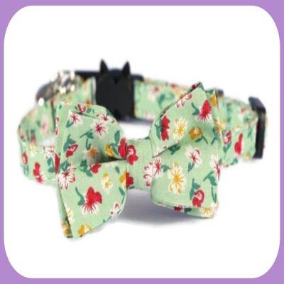 Luxury Cat Collar with Bow Tie - Mint Green Floral