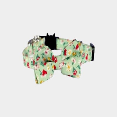 Collar de gato de lujo con pajarita - Floral verde menta