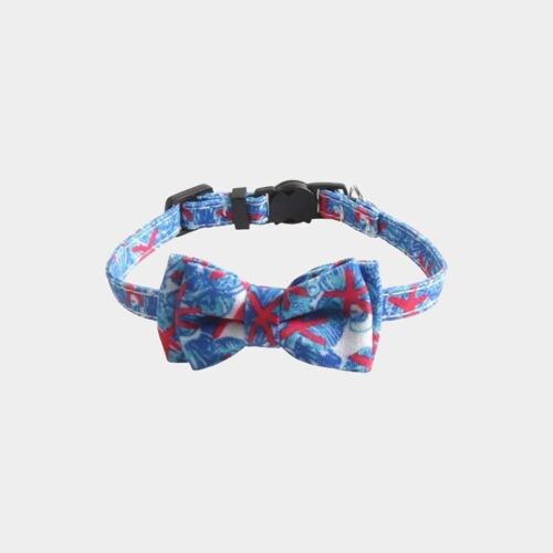 Luxury Cat Collar with Bow Tie - Blue Starfish Print