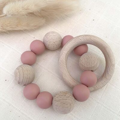Terra-cotta teething rattle in silicone and beech wood