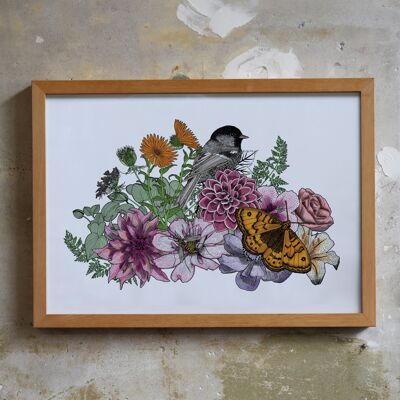 Coal Tit seduto all'interno di Wild British Florals